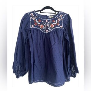 Max Studio Navy Floral Embroidered Swiss Dot Blouse